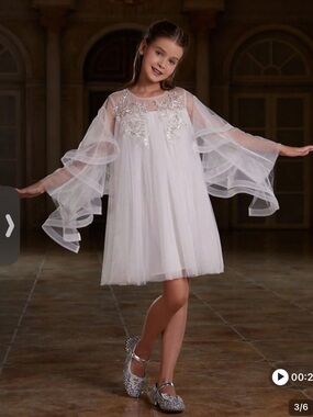 NWT ALISA & LEO GIRL’S FORMAL White Sheer Embroidered Flutter Sleeve Dress
